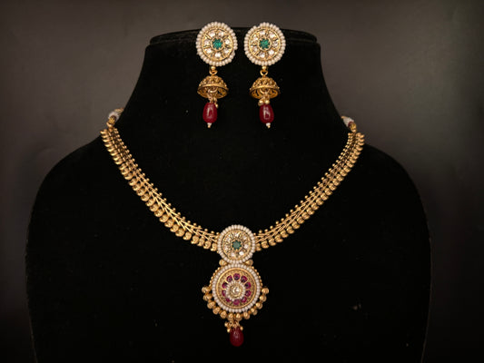 Antique Gold Necklace Set with Emerald and Ruby Drops