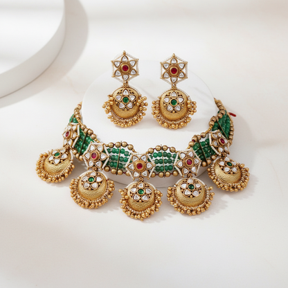 Regal Kundan Gold Necklace Set with Green Beads