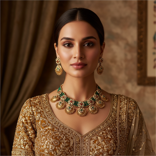 Regal Kundan Gold Necklace Set with Green Beads