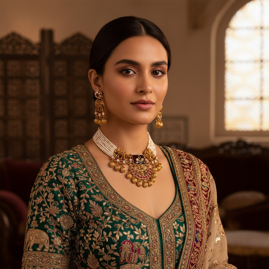 Royal Elephant Motif Choker Set with Pearl Strands