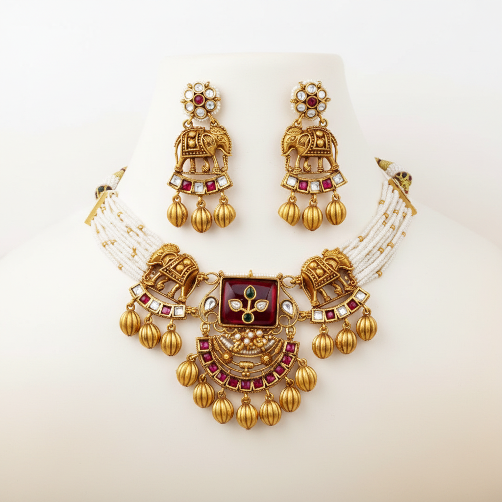 Royal Elephant Motif Choker Set with Pearl Strands