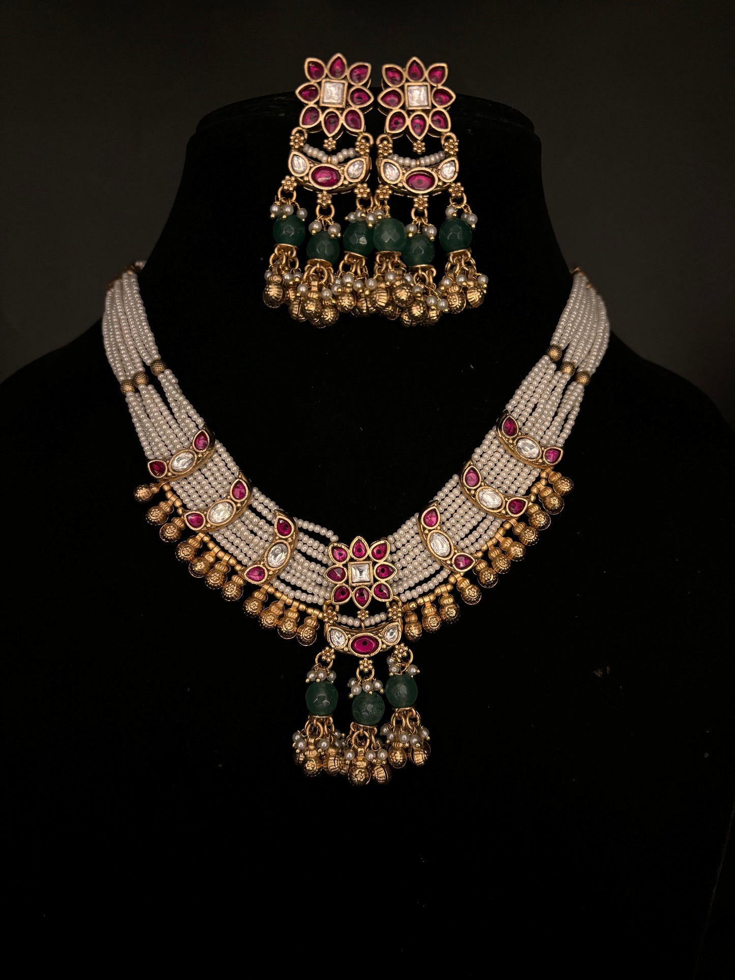 Heritage Pearl Multi-Strand Necklace Set with Ruby and Emerald Drops