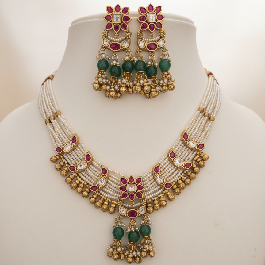 Heritage Pearl Multi-Strand Necklace Set with Ruby and Emerald Drops
