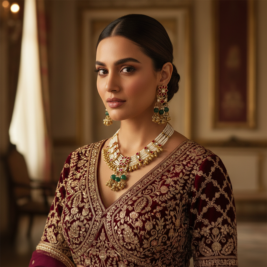 Heritage Pearl Multi-Strand Necklace Set with Ruby and Emerald Drops