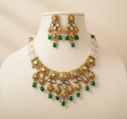 Traditional kundan Necklace Set with Gold Drops