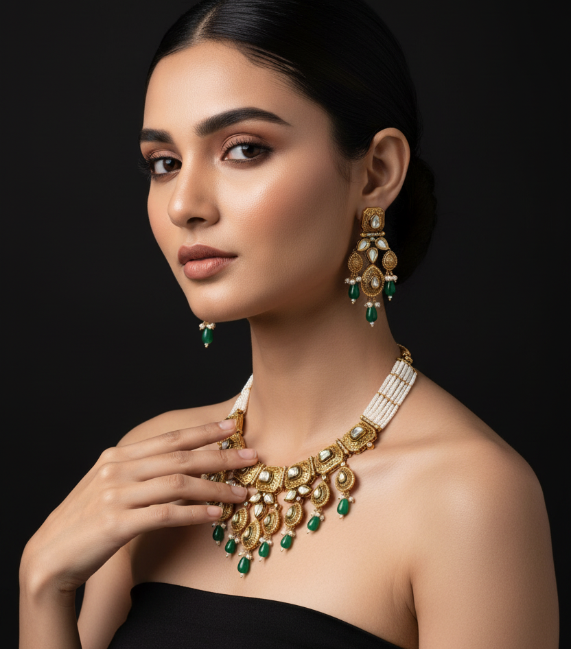Traditional kundan Necklace Set with Gold Drops