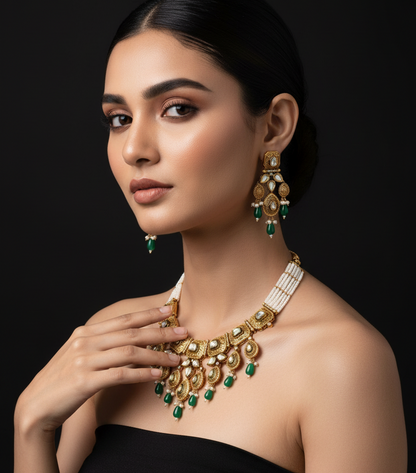 Traditional kundan Necklace Set with Gold Drops
