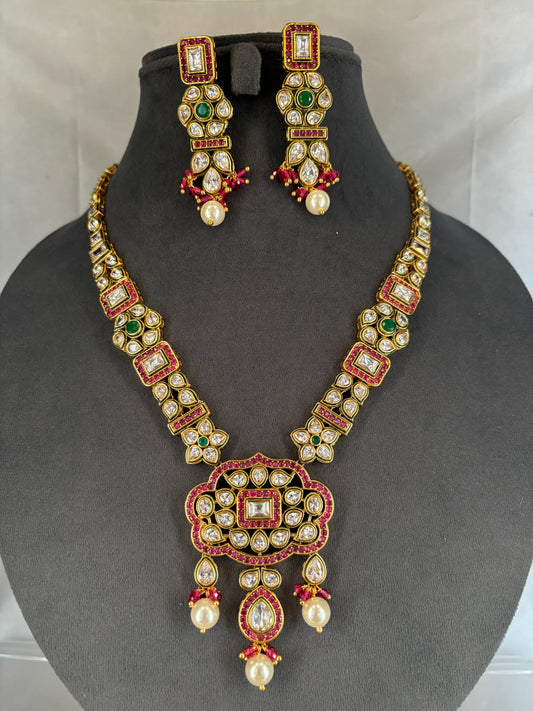 Polki Ruby Emerald Necklace Set with Pearl Drops