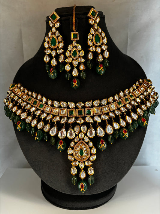 Grand Polki Bridal Necklace Set with Green Beads