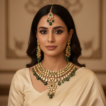 Grand Polki Bridal Necklace Set with Green Beads